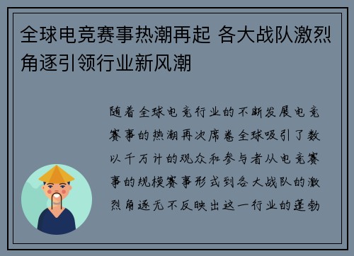 全球电竞赛事热潮再起 各大战队激烈角逐引领行业新风潮