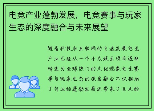 电竞产业蓬勃发展，电竞赛事与玩家生态的深度融合与未来展望